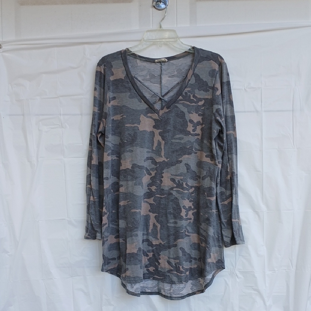 Sweet Pea Camo Long Sleeve Maternity V Neck T Shirt